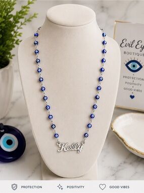 Personalized 'Kelly' Silver Name Necklace with Blue Evil Eye Beads